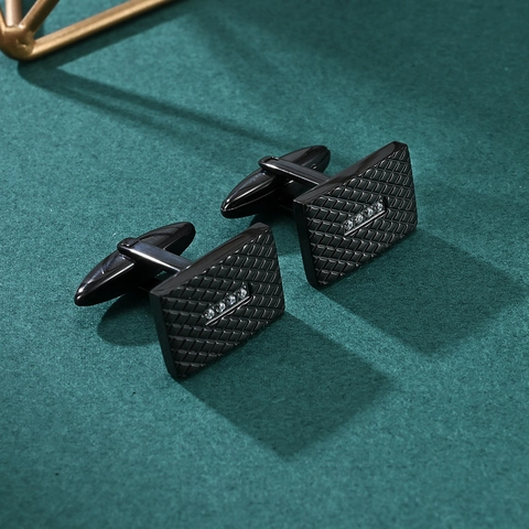 Men Stainless Steel Black Cufflinks Diamond Pattern Embossed Rhinestone Inlaid French Shirt Cuff Links Business Jewelry