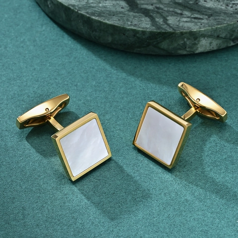 Men Business Square Stainless Steel Cufflinks Gold Rose Gold Plated Inlaid Artificial Pearl Shell Formal Suit Shirt Cuff Links