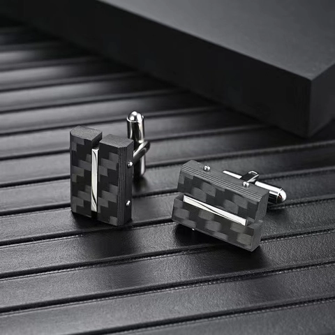 Men Business Stainless Steel Carbon Fiber Cufflinks Rectangular Geometric Design Shirt Cuff Links Wedding Banquet Jewelry Accessory