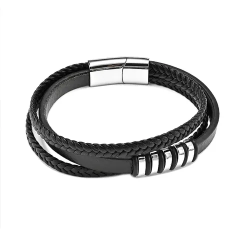 Bracciale da Uomo Vintage Multistrato in Pelle Intrecciata Con Fibbia Magnetica in Acciaio Inossidabile Anelli Metallici