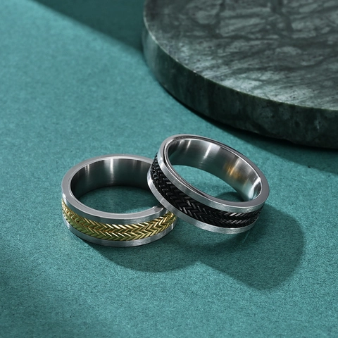 Bague Spinner en Acier Inoxydable Motif Blé Vintage Bicolore Or Noir Argent Anneau Hip Hop pour Hommes Femmes Bijoux