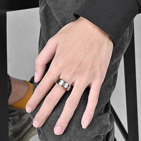 Men Stainless Steel Hammered Texture Ring Two Tone Rose Gold Silver Plated Band Modern Simple Fashion Jewelry For Wedding