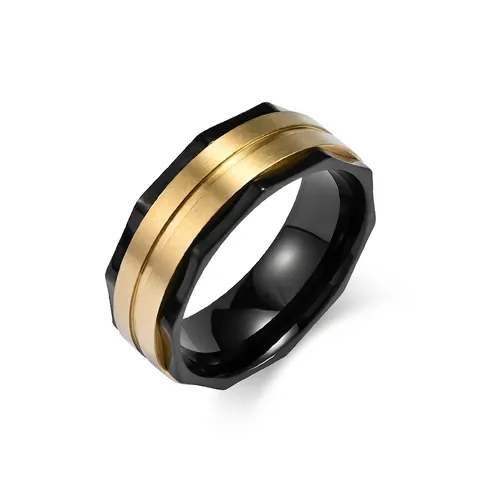 Stainless Steel Octagonal Brushed Matte Ring For Men Double Step Design Wide Band Ring Fashion Durable Industrial Jewelry