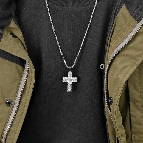 Heren Roestvrij Stalen Kruis Hanger Ketting Retro Geometrisch Patroon Strass Ingelegde Box Ketting Mode Sieraden