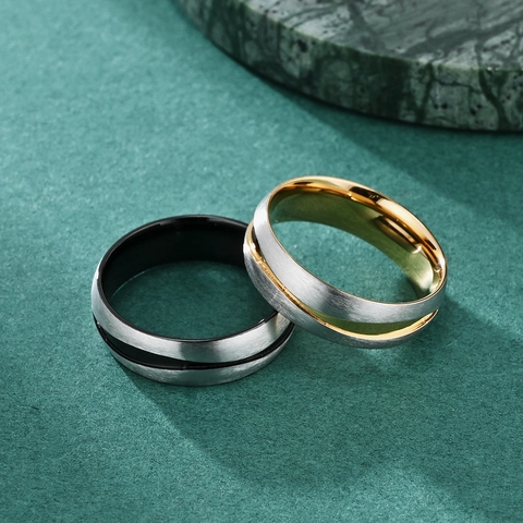 Anello in Acciaio al Titanio Spazzolato Minimalista per Uomo Donna Bicolore Oro Nero Scanalato Hip Hop Gioielli Anello