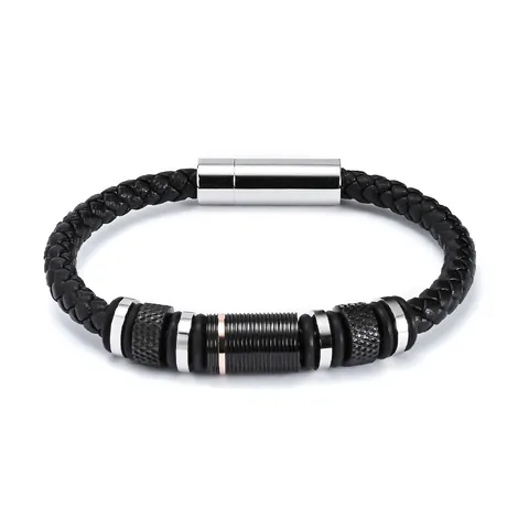 Bracciale da Uomo in Pelle Intrecciata Acciaio Inossidabile Chiusura Magnetica Stile Punk Industriale Gioielli Nero Argento Oro Rosa
