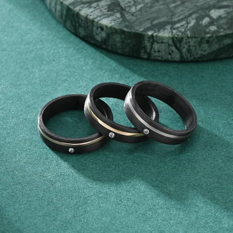 Titanium Steel Carbon Fiber Ring Rhinestone Inlaid Polished Black Band For Men Women Unisex Fashion Jewelry Couple Ring