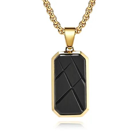 Men Stainless Steel Geometric Military Tag Pendant Necklace Rectangular Engraved Line Design Artificial Pearl Chain Jewelry
