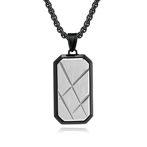 Men Stainless Steel Geometric Military Tag Pendant Necklace Rectangular Engraved Line Design Artificial Pearl Chain Jewelry