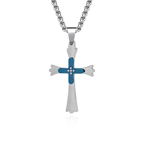 Collar Con Colgante de Cruz de Doble Capa de Acero Inoxidable Minimalista Para Hombre Joyería de Cruz de Suerte con Strass