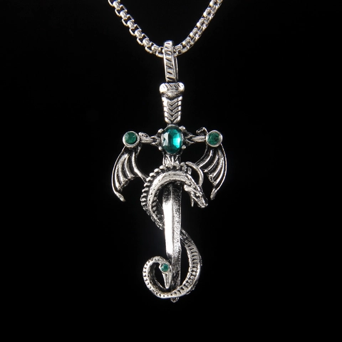 Collar con Colgante de Espada de Dragón Vintage para Hombre Mujer Cadena de Acero Inoxidable Aleación Strass Verde Joyería Punk Gótica