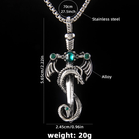 Collar con Colgante de Espada de Dragón Vintage para Hombre Mujer Cadena de Acero Inoxidable Aleación Strass Verde Joyería Punk Gótica