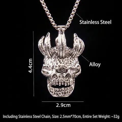 Collar con Colgante de Calavera con Cuernos Gótica Plata Retro Cadena de Acero Inoxidable Aleación Cabeza de Demonio Hip Hop Punk Joyería
