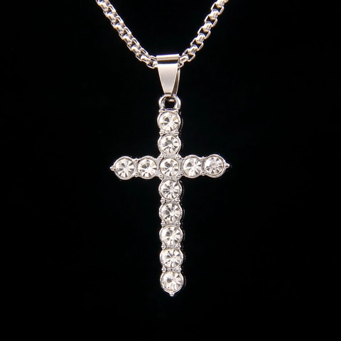 Hip Hop Kruis Hanger Halsketting Voor Heren Dames Roestvrij Staal Ketting Legering Strass Ingelegd Mode Sieraden Zilver
