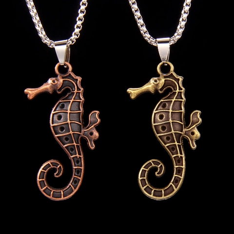 Collier Pendentif Hippocampe en Acier Inoxydable Vintage Chaîne de Pull en Alliage Animal Bronze Cuivre Strass Bijoux