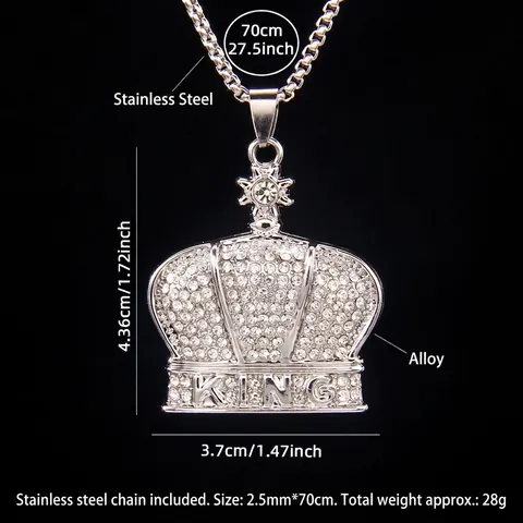 Collar de Colgante de Corona KING Hip Hop para Hombres Mujeres Cadena de Caja de Acero Inoxidable Diamantes de Imitación Joyería de Moda