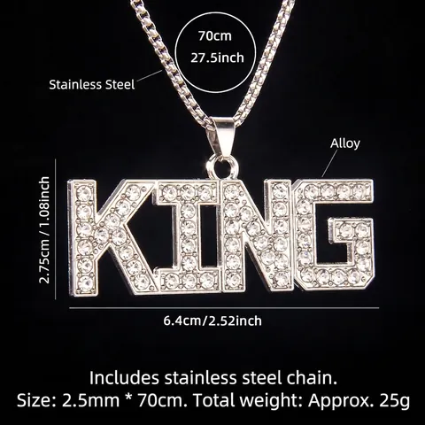 Collar con Colgante de Letra KING Hip Hop Cadena de Acero Inoxidable Aleación con Strass Incrustado Joyería Iced Out para Hombres Niños Regalo