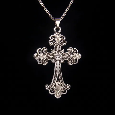 Retro Hip Hop Baroque Cross Pendant Necklace Stainless Steel Chain Alloy Inlaid Rhinestone Gothic Jewelry For Men Women