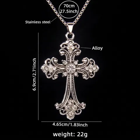 Retro Hip Hop Baroque Cross Pendant Necklace Stainless Steel Chain Alloy Inlaid Rhinestone Gothic Jewelry For Men Women