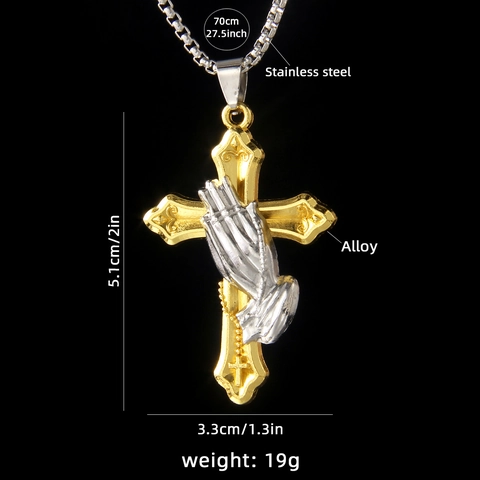 Hip Hop Trendy Biddende Handen Kruis Hanger Halsketting Roestvrijstalen Ketting Tweekleurige Legering Religieuze Sieraden Voor Mannen Vrouwen