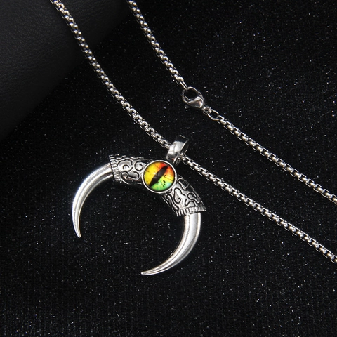 Collana con Ciondolo Malocchio in Acciaio Inossidabile Vintage per Uomo Donna Gothic Mezzaluna Corno Retro Punk Hip Hop Gioielli