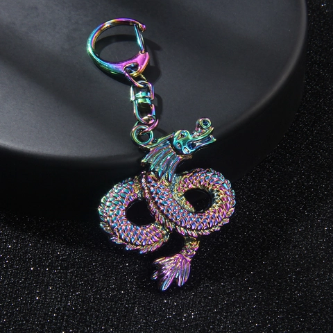 Chinese Dragon Totem Iridescent Metal Keychain Zodiac Dragon Bag Pendant Rainbow Electroplated Zinc Alloy Key Ring Gift