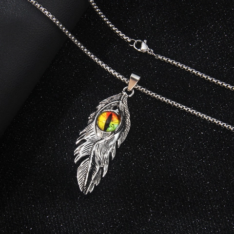 Collar con Colgante de Ojo de Diablo y Pluma Vintage para Hombre Mujer Gótico Hip Hop Aleación Acero Inoxidable Joyería