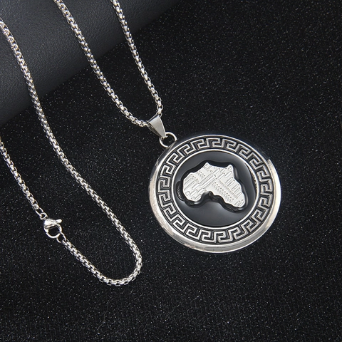 Collar de Colgante Redondo Mapa de África Cadena de Caja de Acero Inoxidable Borde de Meandro Esmalte Hip Hop Punk Joyería Unisex