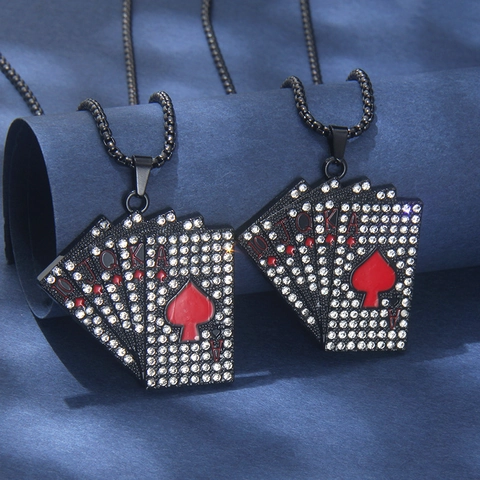 Collar con Colgante de Póker Flor Imperial de Acero Inoxidable Diamante de Imitación Incrustado Joyería Hip Hop Unisex