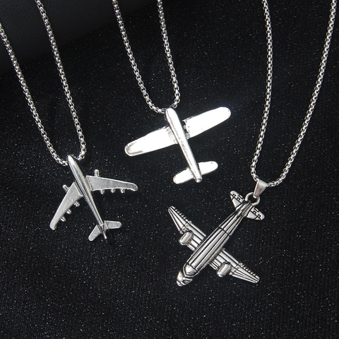 Collar de Colgante de Avión de Acero Inoxidable para Hombre Mujer Aleación Modelo de Aviación Joyería Cadena de Caja Larga