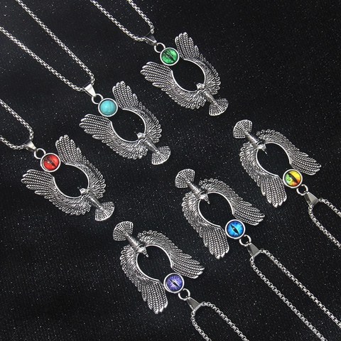Stainless Steel Eagle Eye Pendant Necklace For Men Women Retro Gothic Punk Flying Eagle Wing Long Box Chain Jewelry Gift