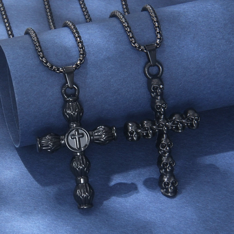 Collar de Colgante de Cruz de Calavera Negra Gótica Cadena de Caja de Acero Inoxidable para Hombres Mujeres Joyas Punk