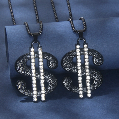 Collar con Colgante de Signo de Dólar Hip Hop para Hombre Mujer Cadena de Acero Inoxidable Negro Aleación Incrustación de Strass Joyería Moda Callejera Regalo