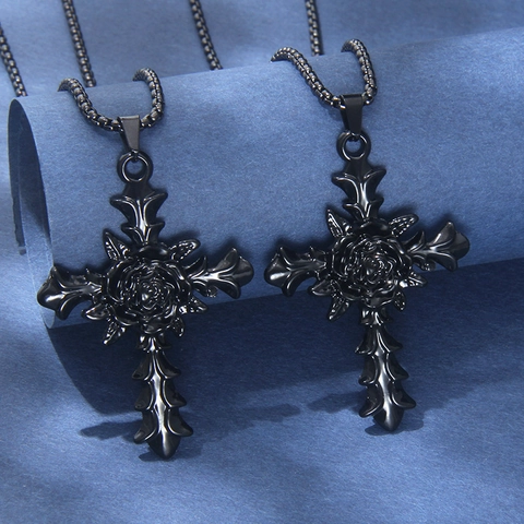 Collier Croix Rose Gothique Rétro pour Hommes Femmes Chaîne Vénitienne Acier Inoxydable Pendentif Alliage Noir Punk Bijoux Mode