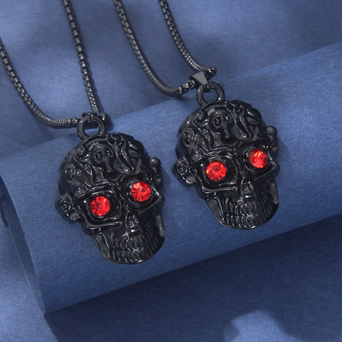Collar con Colgante de Calavera Hip Hop Gótico Acero Inoxidable Aleación Ojos de Strass Rojos Negro Galvanizado Joyería Punk Unisex