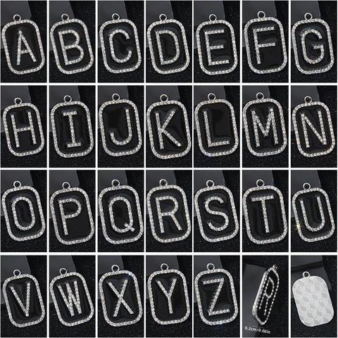 Zinc Alloy Alphabet Letter Pendant Only Without Chain Rhinestone Inlaid Black Enamel Rectangular Initial Letter Charms DIY Jewelry Accessory