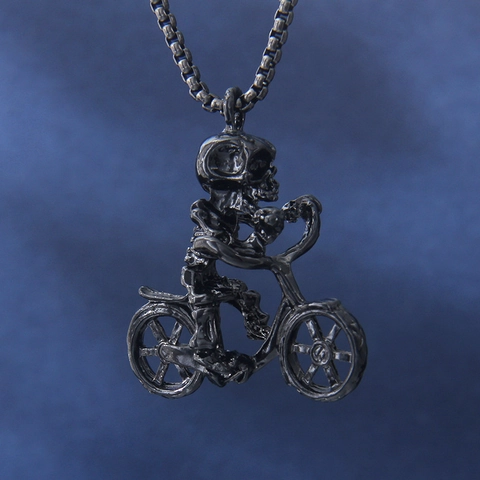Collar de Pendiente de Cráneo en Bicicleta de Acero Inoxidable Punk para Hombre Joyería de Hip Hop Gótico Cadena de Caja de Aleación Negra