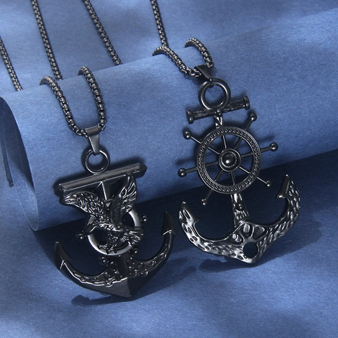 Collar con Colgante de Ancla Náutica Negra Hip Hop Vintage de Acero Inoxidable Aleación Águila Timón Joyas para Hombre