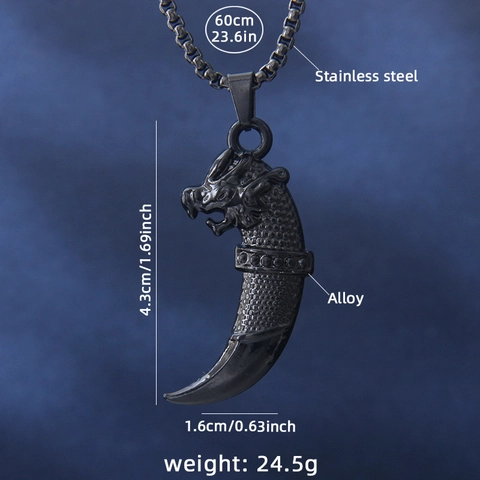 Collar con Colgante de Diente de Lobo y Cabeza de Dragón de Acero Inoxidable Punk para Hombre Joyería Gótica Negra