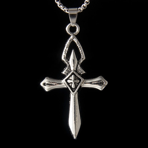 Collar con Colgante de Cruz Gótica Vintage para Hombre Cadena de Caja de Acero Inoxidable Plata Antigua Hip Hop Punk Joyería