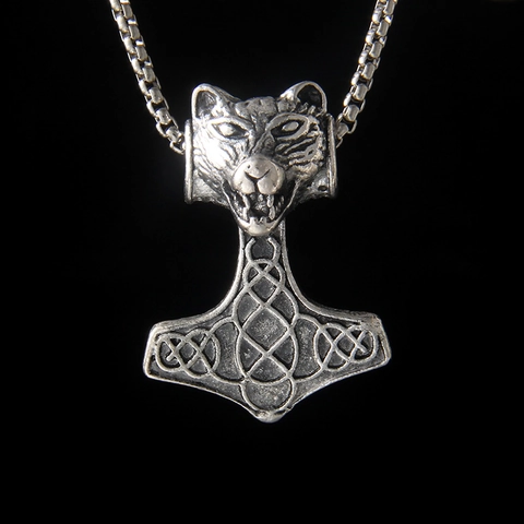 Collar de Colgante Vikingo Cabeza de Lobo Martillo de Thor de Acero Inoxidable Nudo Celta Mjolnir Joyería Punk Biker Para Hombres Mujeres