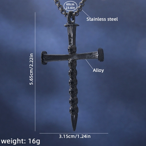 Collier Pendentif Croix en Acier Inoxydable Noir Gothique Vintage pour Homme Femme Punk Crâne Design Clou Bijoux Hip Hop