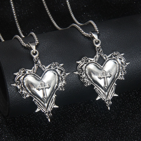 Collar de Colgante de Cruz de Corazón de Plata Retro Gótico Con Detalle de Rosa de Espinas Cadena de Acero Inoxidable para Hombre Mujer