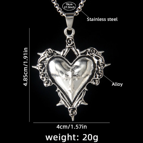 Collar de Colgante de Cruz de Corazón de Plata Retro Gótico Con Detalle de Rosa de Espinas Cadena de Acero Inoxidable para Hombre Mujer