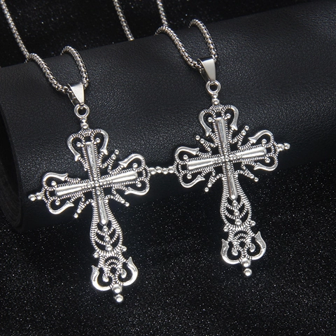 Collier Pendentif Croix Évidée Baroque Vintage Pour Hommes Femmes Chaîne Box en Acier Inoxydable Alliage Punk Gothique Bijoux