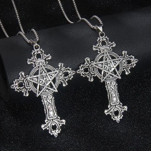Collier Pendentif Croix Pentagramme en Acier Inoxydable Gothique Vintage Punk Épines Étoile Alliage Ajouré pour Hommes Femmes Bijoux
