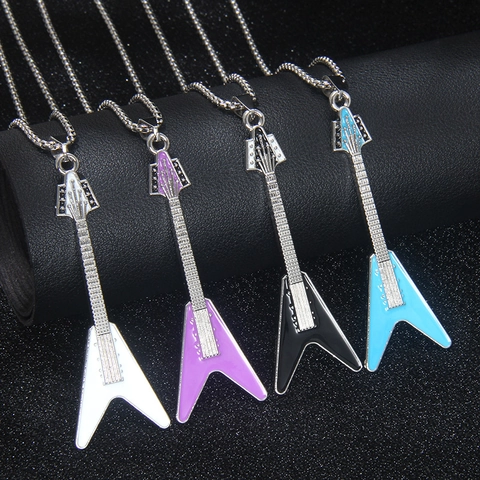 Stainless Steel Guitar Pendant Necklace Enamel Drip Music Instrument Rock Punk Long Box Chain For Men Women Jewelry Gift
