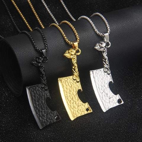 Punk Gothic Skull Cleaver Pendant Necklace Stainless Steel Chain Alloy Hammered Meat Knife Bottle Opener Jewelry For Men Women