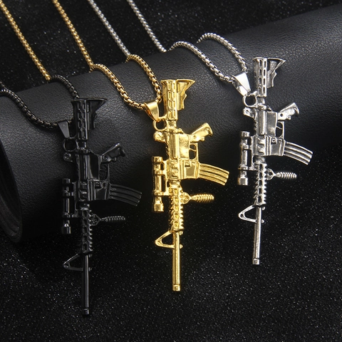 Collar con Colgante de Rifle Hip Hop para Hombre de Acero Inoxidable y Aleación Oro Plata Negro Joyería Punk Regalo para Hombre