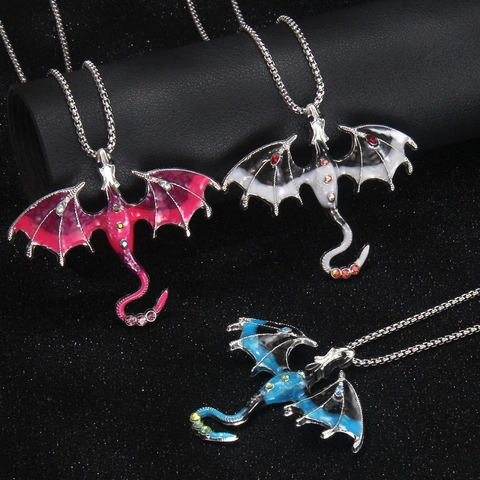 Gothic Dragon Stainless Steel Necklace For Men Enamel Bat Wing Pendant Necklace Rhinestone Inlaid Halloween Punk Jewelry Gift